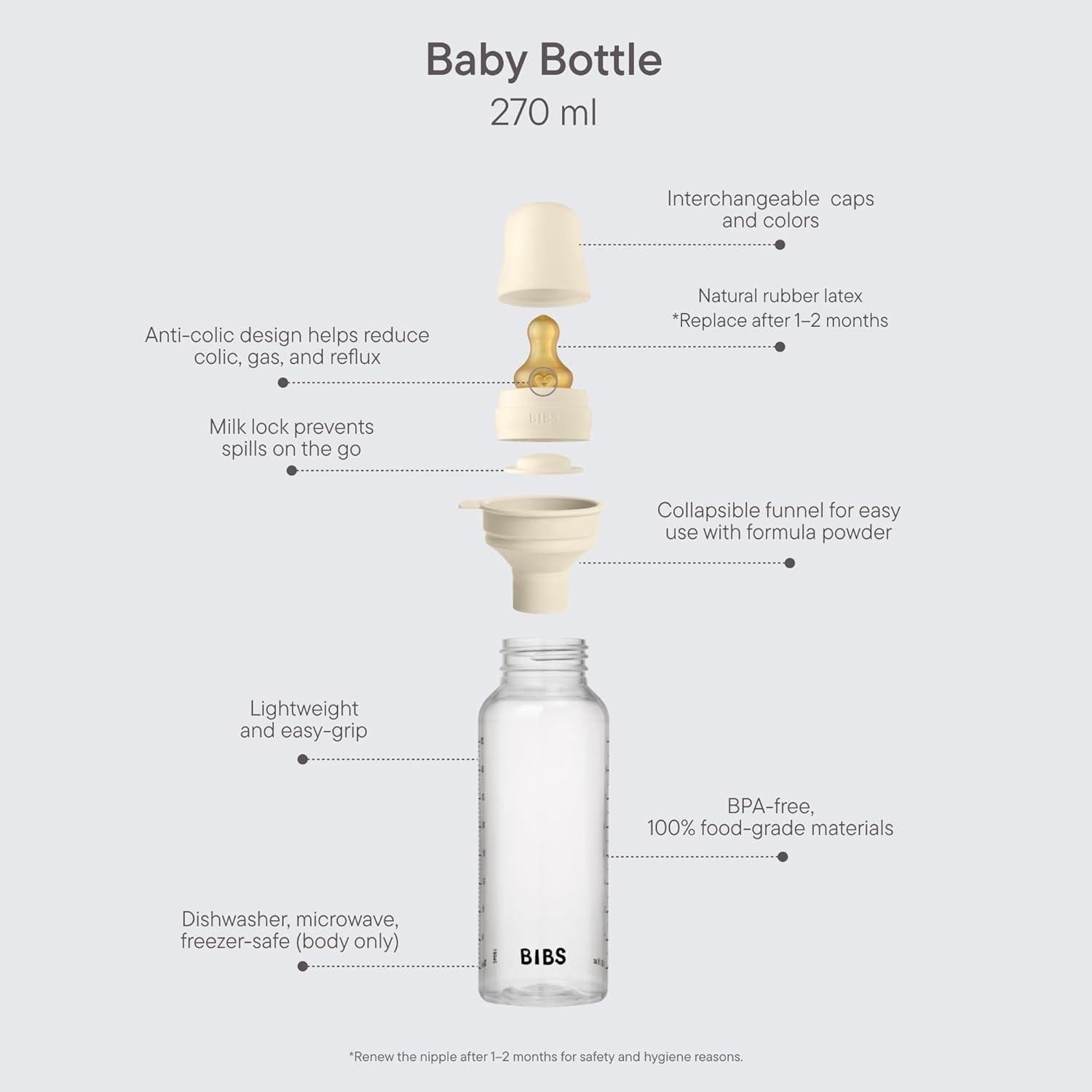 image:imageBIBS Baby Bottle 9 oz 270 ml Natural Rubber Latex Nipple AntiColic BPAFree Round Nipple Medium Flow Lightweight amp Easy to Clean Suitable for Newborns 0 Years Ivory