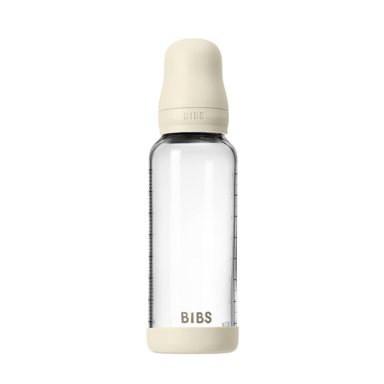 image:imageBIBS Baby Glass Bottle 240ml AntiColic Vented Round Natural Rubber Latex Nipple Supports Natural Breastfeeding Medium Flow Complete Set 240 ml Ivory