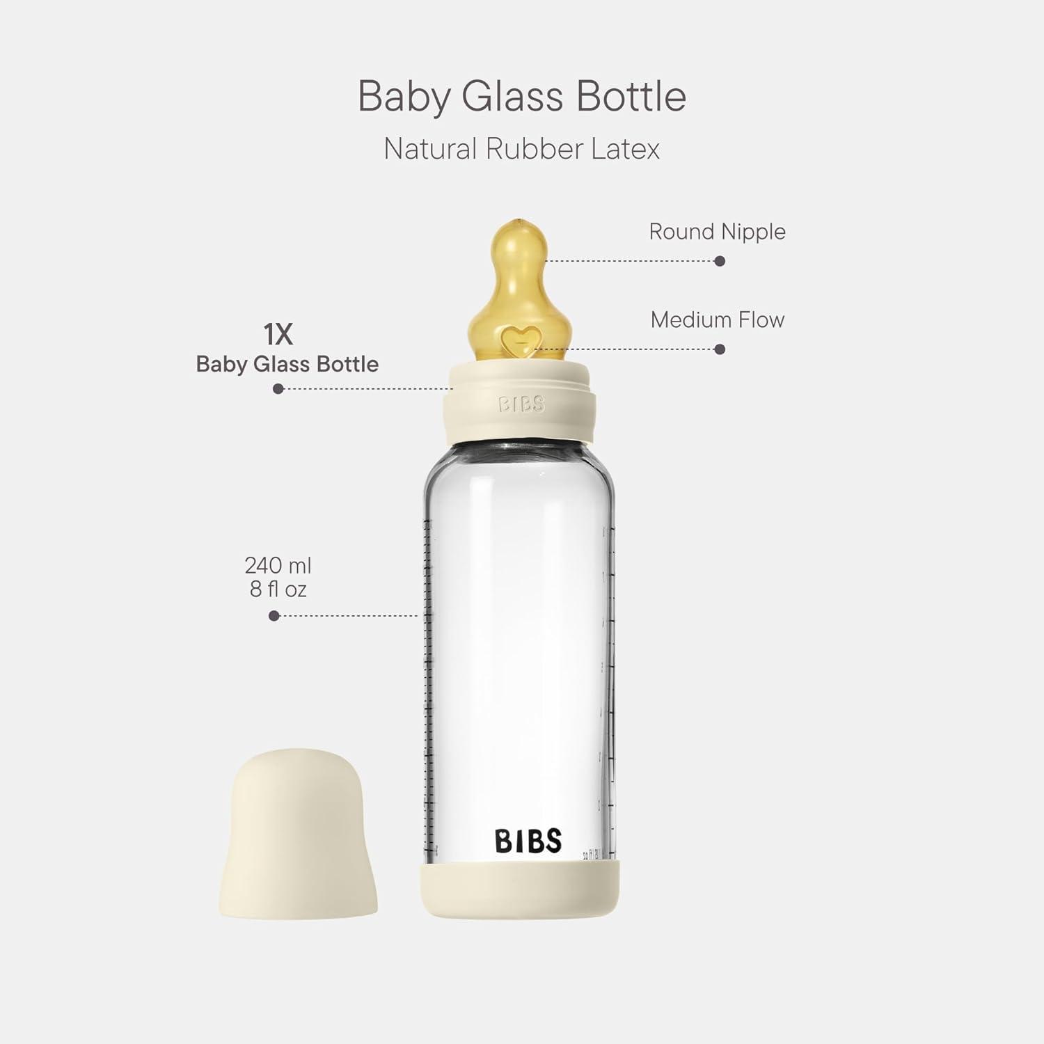 image:imageBIBS Baby Glass Bottle 240ml AntiColic Vented Round Natural Rubber Latex Nipple Supports Natural Breastfeeding Medium Flow Complete Set 240 ml Ivory