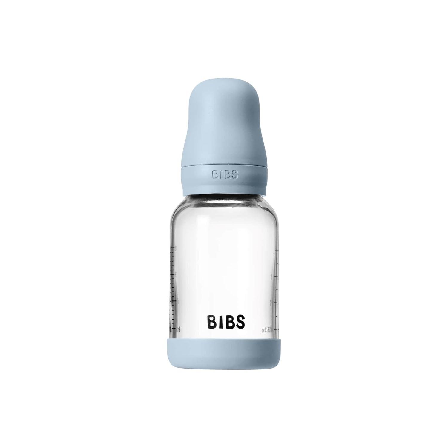 image:imageBIBS Baby Glass Bottle 4 US fl oz 120 ml AntiColic Vented Round Natural Rubber Latex Nipple Supports Natural Breastfeeding Slow Flow Complete Set Baby Blue