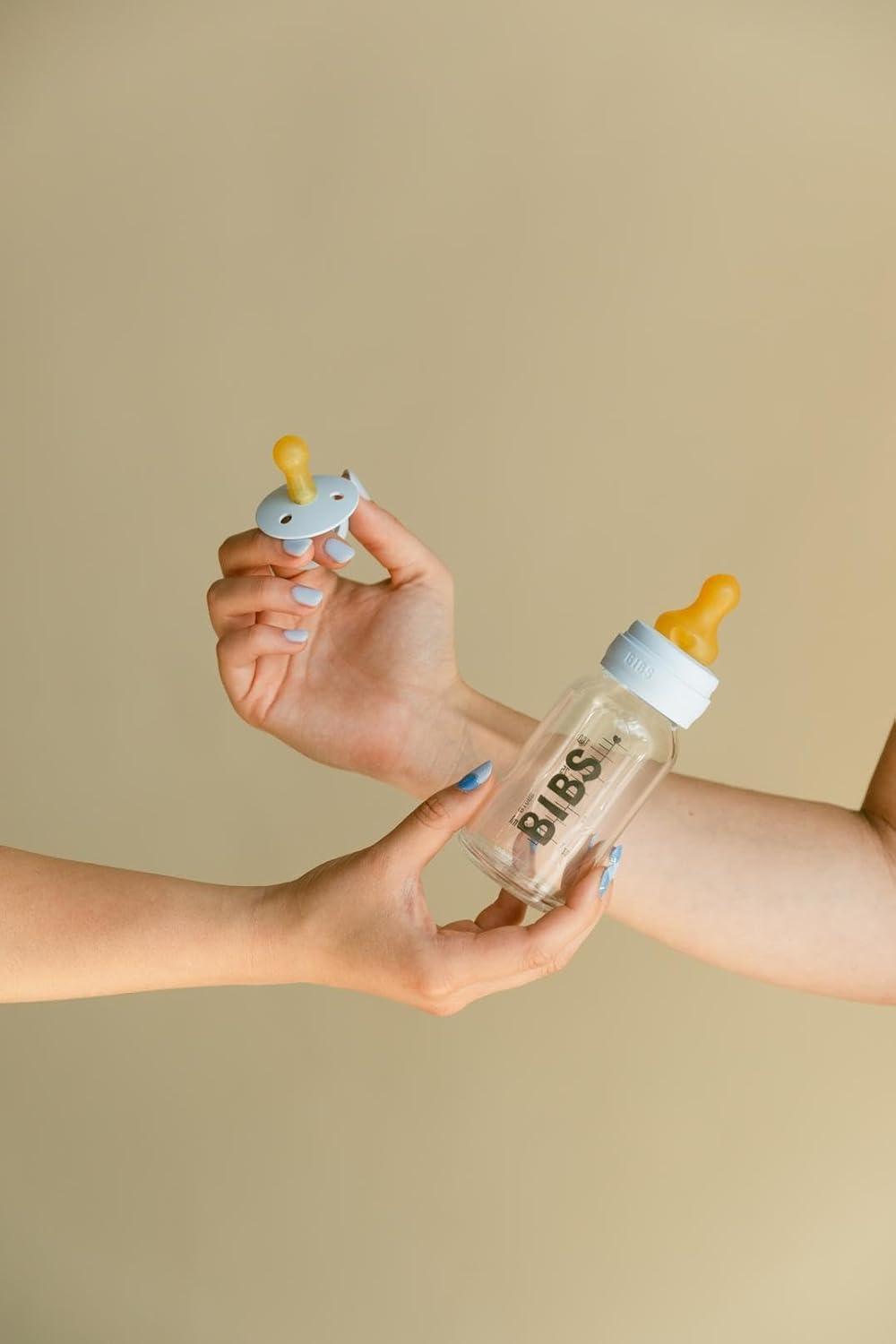 image:imageBIBS Baby Glass Bottle 4 US fl oz 120 ml AntiColic Vented Round Natural Rubber Latex Nipple Supports Natural Breastfeeding Slow Flow Complete Set Baby Blue