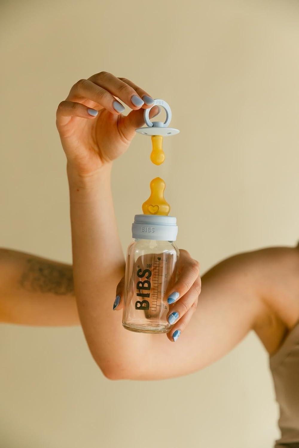image:imageBIBS Baby Glass Bottle 4 US fl oz 120 ml AntiColic Vented Round Natural Rubber Latex Nipple Supports Natural Breastfeeding Slow Flow Complete Set Baby Blue