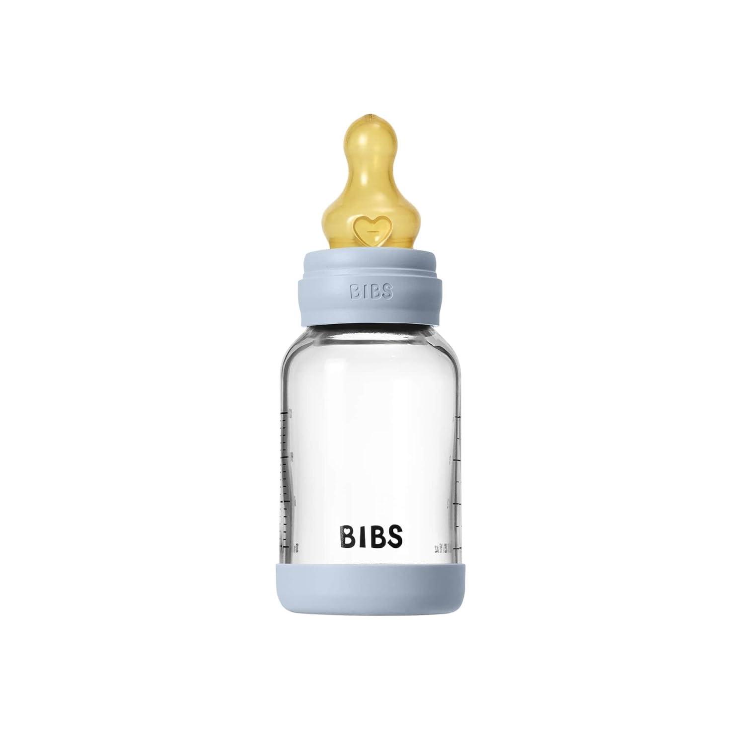 image:imageBIBS Baby Glass Bottle 4 US fl oz 120 ml AntiColic Vented Round Natural Rubber Latex Nipple Supports Natural Breastfeeding Slow Flow Complete Set Baby Blue