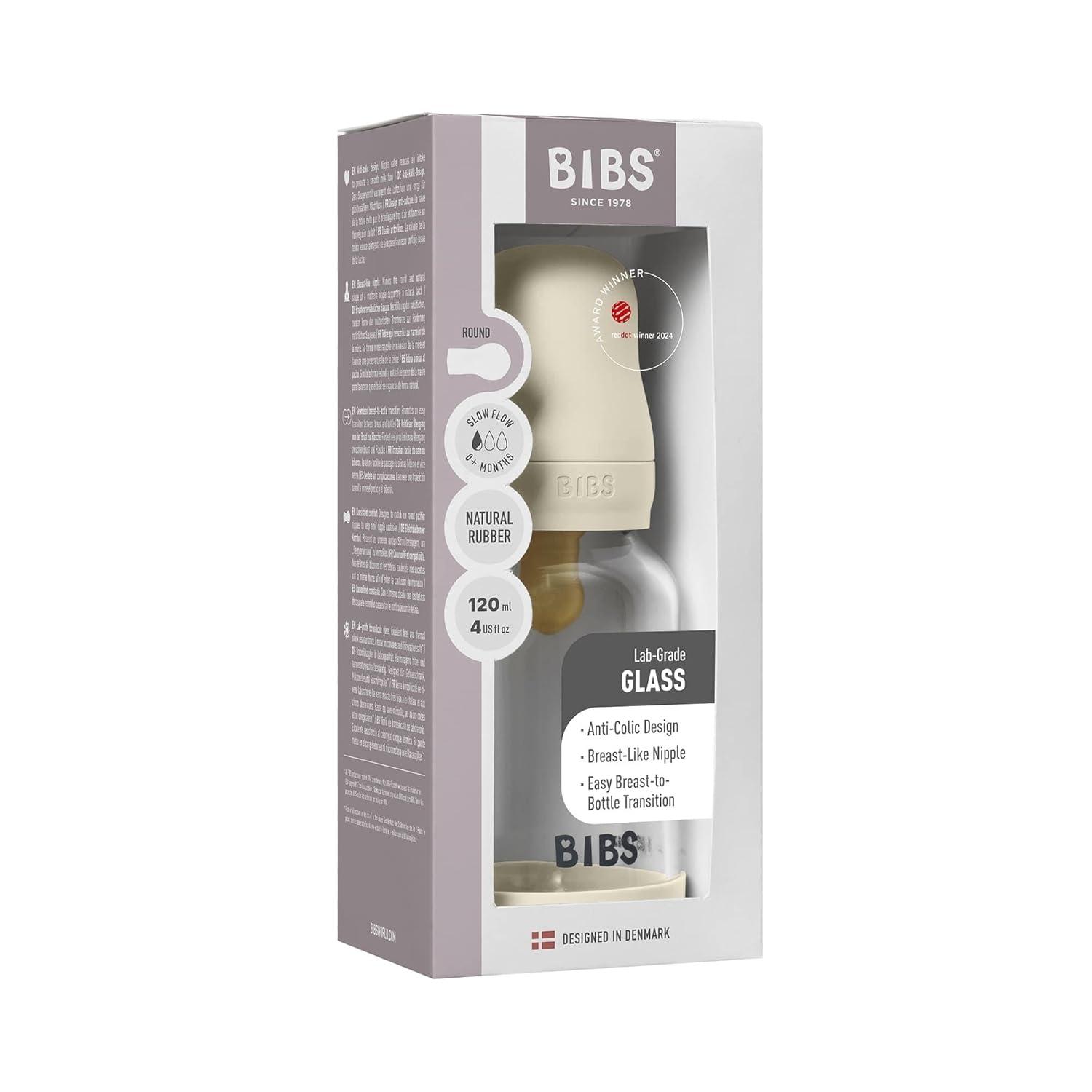 image:imageBIBS Baby Glass Bottle 4 US fl oz 120 ml AntiColic Vented Round Natural Rubber Latex Nipple Supports Natural Breastfeeding Slow Flow Complete Set Ivory