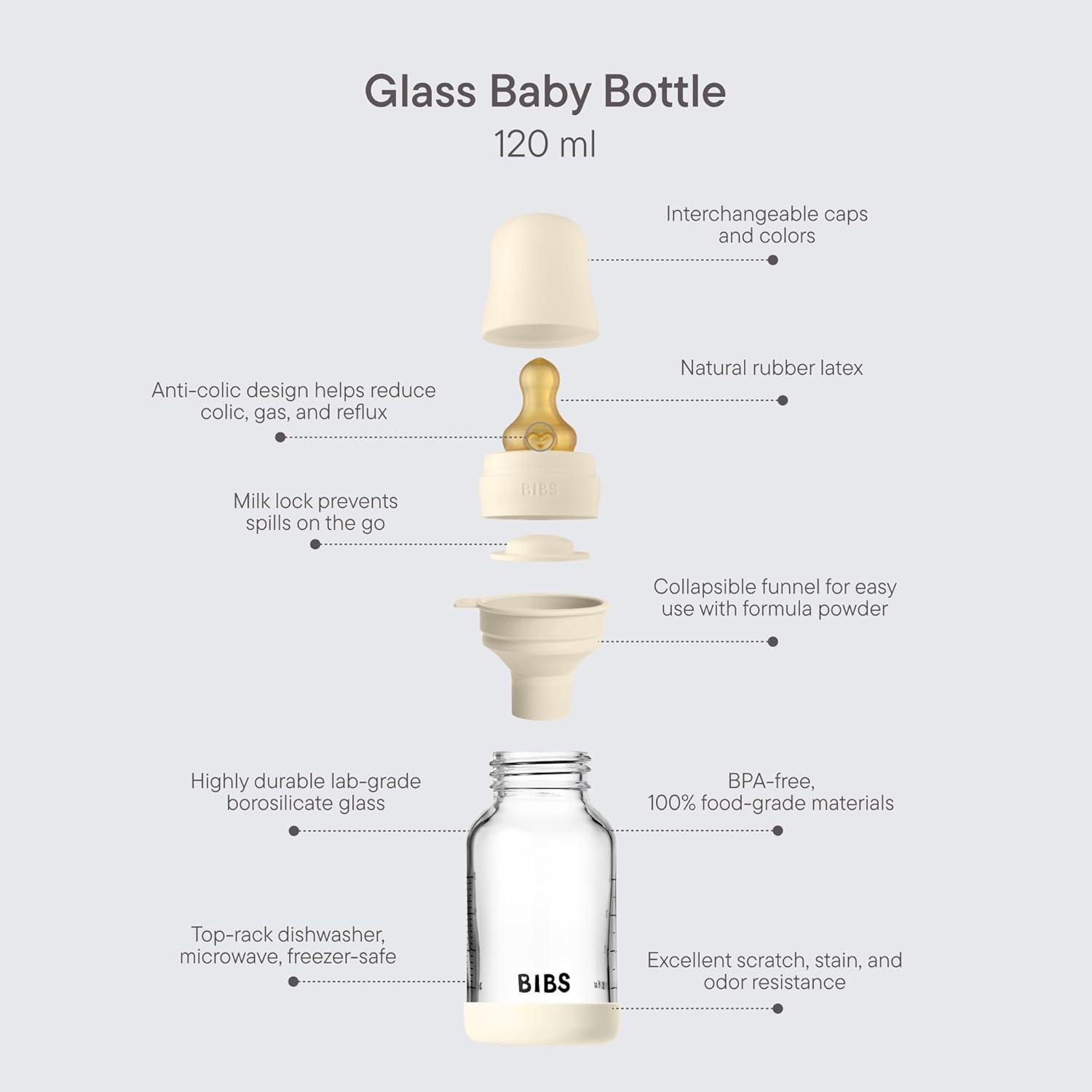 image:imageBIBS Baby Glass Bottle 4 US fl oz 120 ml AntiColic Vented Round Natural Rubber Latex Nipple Supports Natural Breastfeeding Slow Flow Complete Set Sage