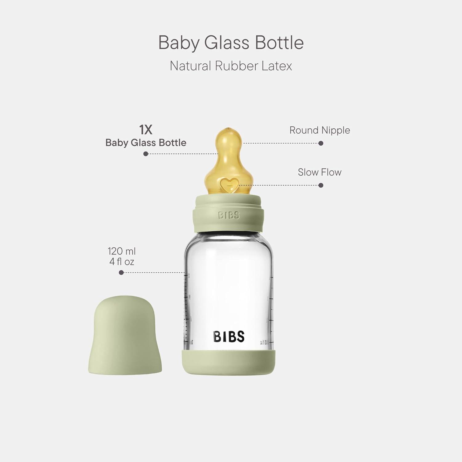 image:imageBIBS Baby Glass Bottle 4 US fl oz 120 ml AntiColic Vented Round Natural Rubber Latex Nipple Supports Natural Breastfeeding Slow Flow Complete Set Sage