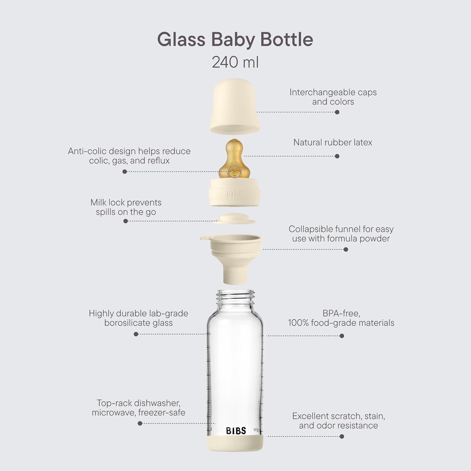 image:imageBIBS Baby Glass Bottle 8 US fl oz 240 ml AntiColic Vented Round Natural Rubber Latex Nipple Supports Natural Breastfeeding Medium Flow Complete Set Baby Blue
