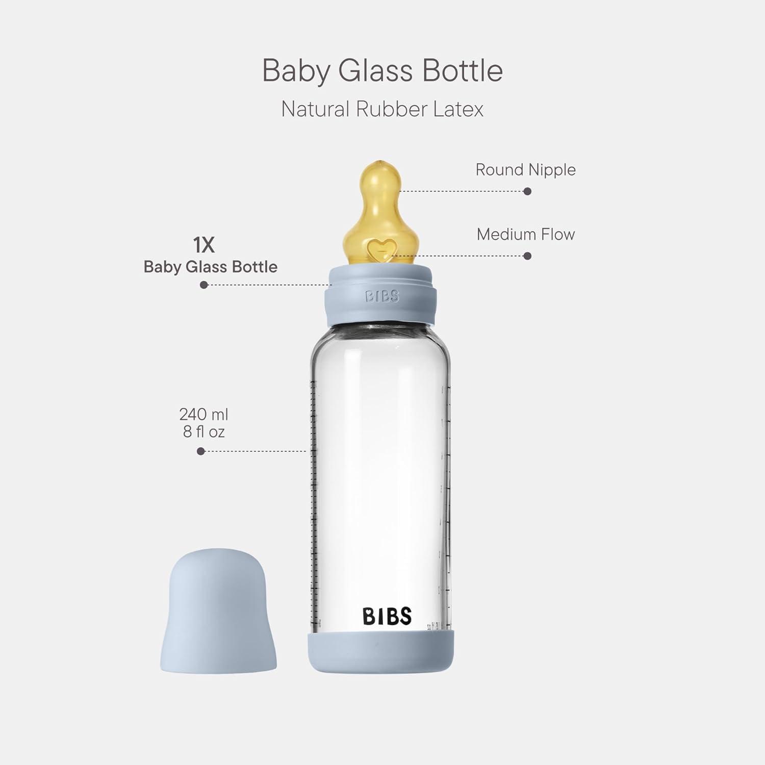 image:imageBIBS Baby Glass Bottle 8 US fl oz 240 ml AntiColic Vented Round Natural Rubber Latex Nipple Supports Natural Breastfeeding Medium Flow Complete Set Baby Blue