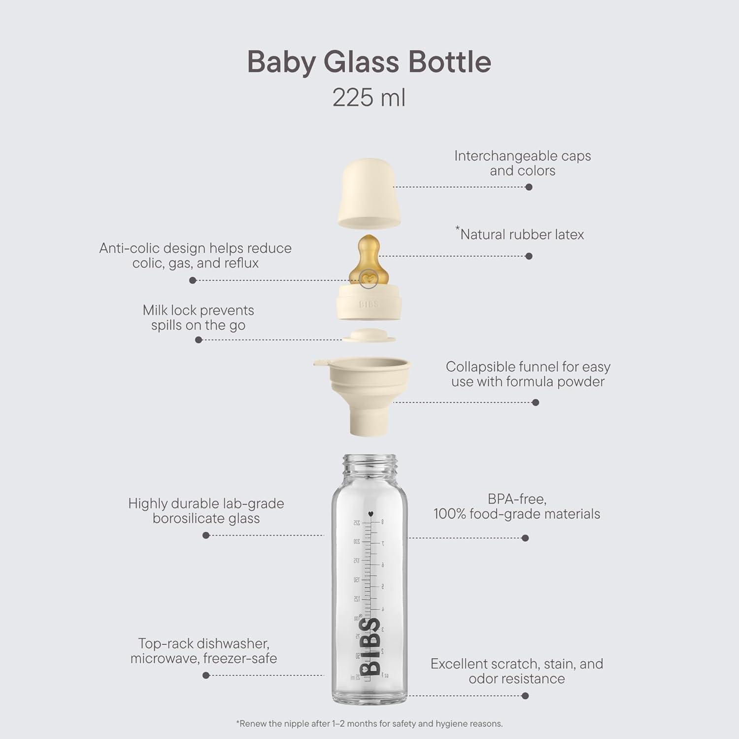 image:imageBIBS Baby Glass Bottle AntiColic Round Natural Rubber Latex Nipple Supports Natural Breastfeeding Complete Set 225 ml Cloud