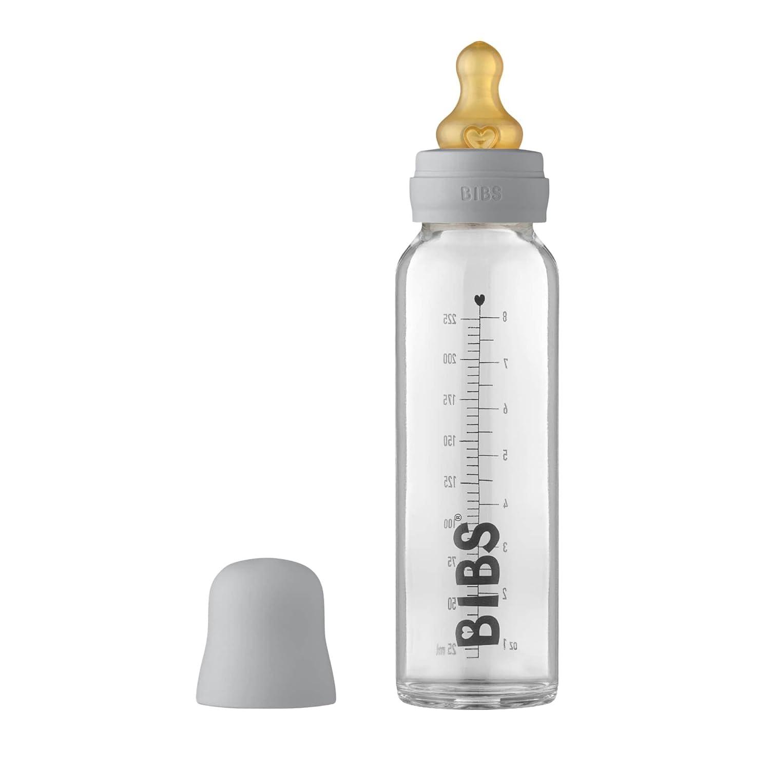 image:imageBIBS Baby Glass Bottle AntiColic Round Natural Rubber Latex Nipple Supports Natural Breastfeeding Complete Set 225 ml Cloud