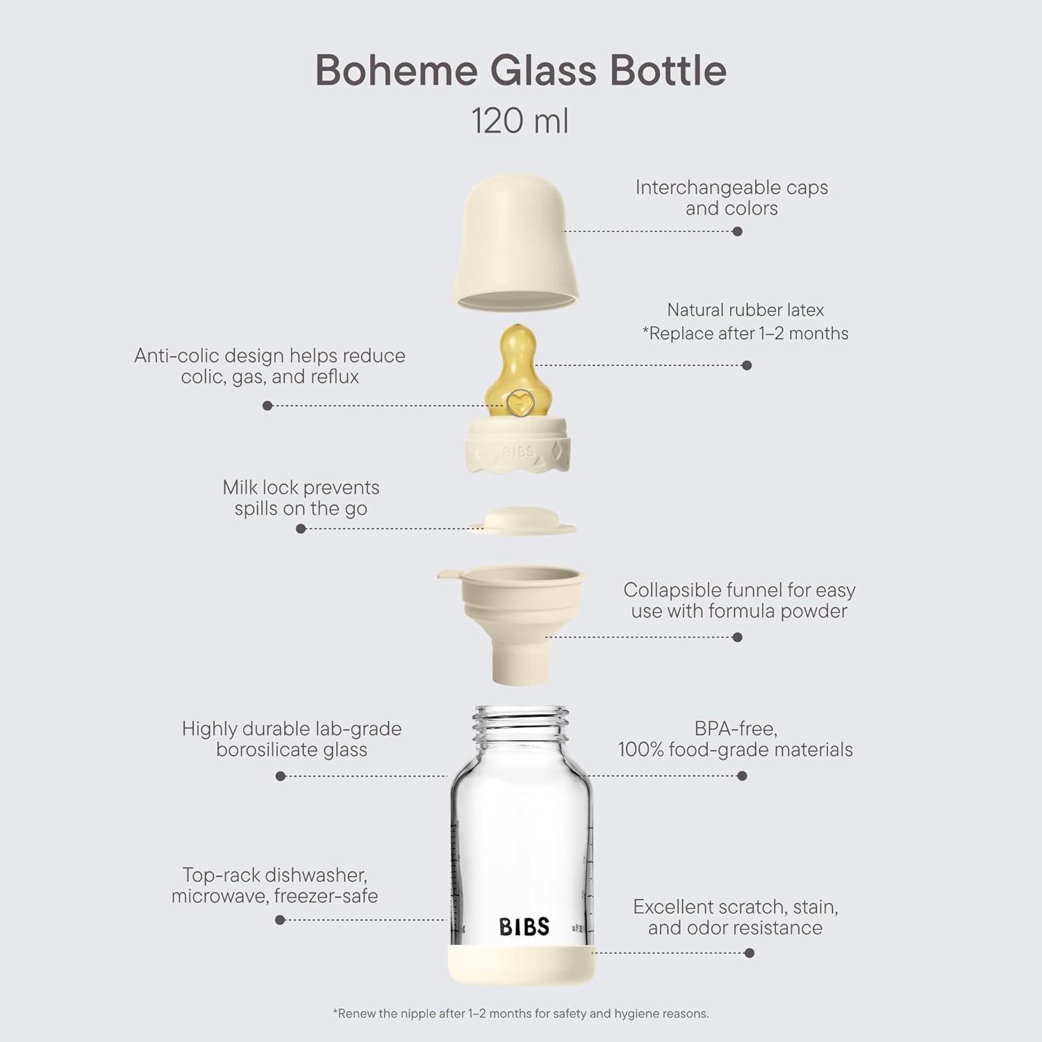 image:imageBIBS Boheme Baby Glass Bottle 4 oz 120 ml AntiColic Round Natural Rubber Latex Nipple Supports Natural Breastfeeding Blush