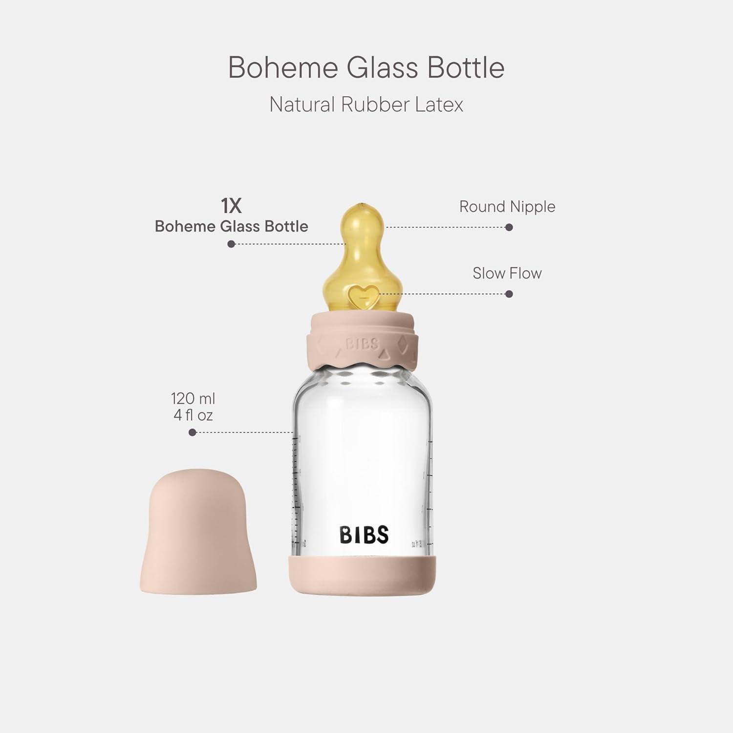 image:imageBIBS Boheme Baby Glass Bottle 4 oz 120 ml AntiColic Round Natural Rubber Latex Nipple Supports Natural Breastfeeding Blush