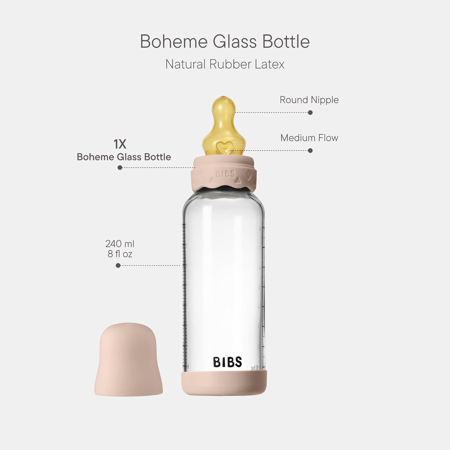 image:imageBIBS Boheme Baby Glass Bottle 4 oz 120 ml AntiColic Round Natural Rubber Latex Nipple Supports Natural Breastfeeding IvoryBlush