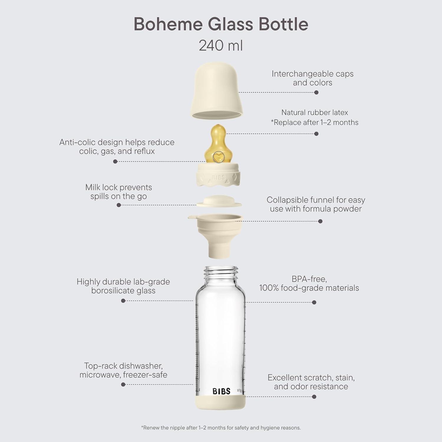 image:imageBIBS Boheme Baby Glass Bottle 4 oz 120 ml AntiColic Round Natural Rubber Latex Nipple Supports Natural Breastfeeding IvoryBlush
