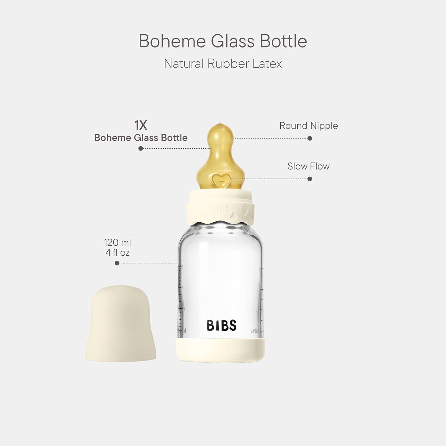 image:imageBIBS Boheme Baby Glass Bottle 4 oz 120 ml AntiColic Round Natural Rubber Latex Nipple Supports Natural Breastfeeding IvoryIvory