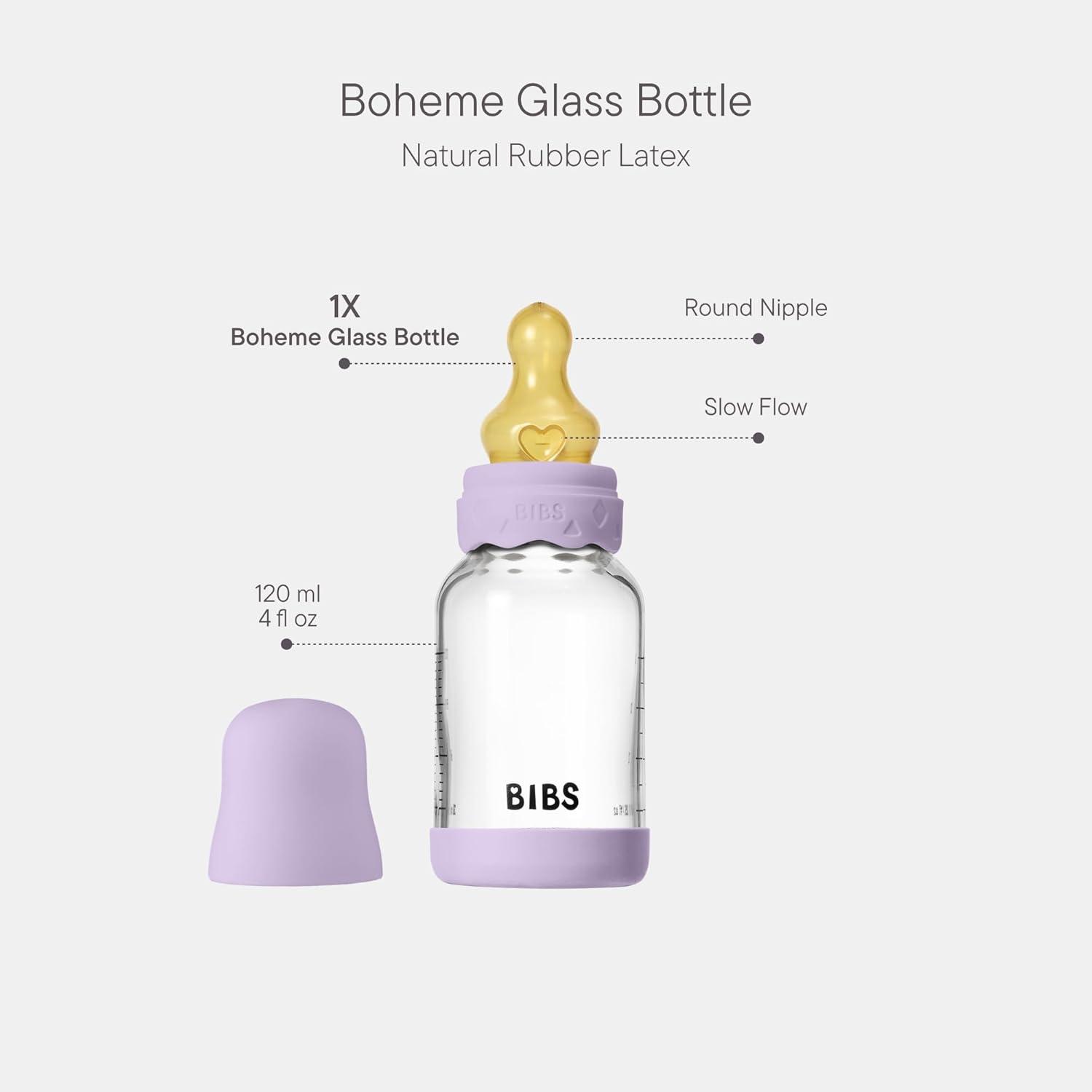 image:imageBIBS Boheme Baby Glass Bottle 4 oz 120 ml AntiColic Round Natural Rubber Latex Nipple Supports Natural Breastfeeding IvoryViolet Sky