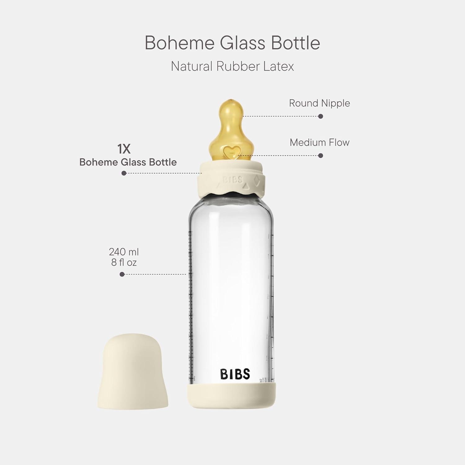 image:imageBIBS Boheme Baby Glass Bottle 8 oz 240 ml AntiColic Round Natural Rubber Latex Nipple Supports Natural Breastfeeding Ivory