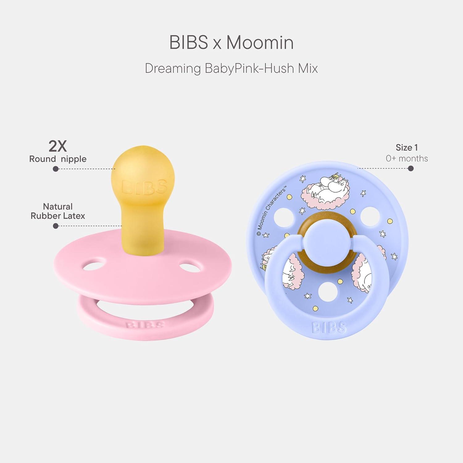 image:imageBIBS Colour Moomins Pacifier 2Pack BPA Free Pacifier Round Nipple Natural Rubber Latex Made in Denmark Size 2 618 Months IvorySageBaby Pink Hush