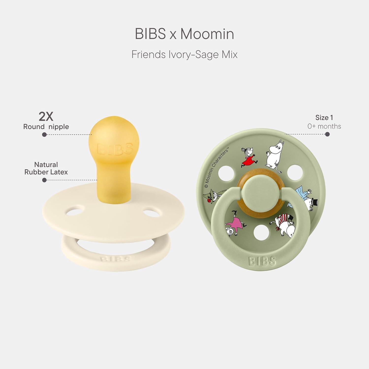 image:imageBIBS Colour Moomins Pacifier 2Pack BPA Free Pacifier Round Nipple Natural Rubber Latex Made in Denmark Size 2 618 Months IvorySageIvory Sage