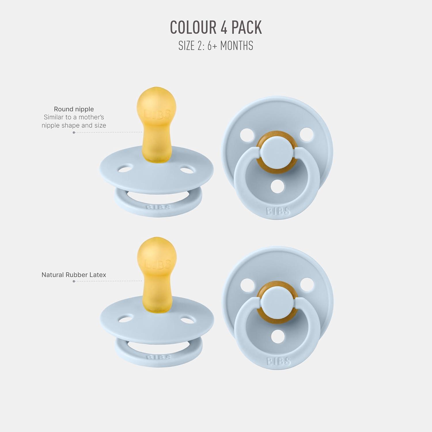 image:imageBIBS Colour Soother 4Pack BPA Free Dummy Pacifier Round Nipple Natural Rubber Latex Made in Denmark Size 06 Months Blush Glow MixBaby Blue