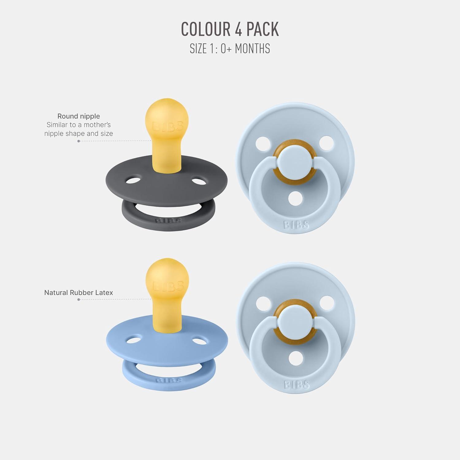 image:imageBIBS Colour Soother 4Pack BPA Free Dummy Pacifier Round Nipple Natural Rubber Latex Made in Denmark Size 06 Months Blush Glow MixBaby Blue Colors