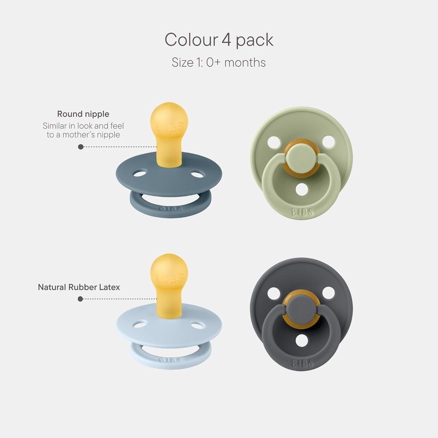image:imageBIBS Colour Soother 4Pack BPA Free Dummy Pacifier Round Nipple Natural Rubber Latex Made in Denmark Size 06 Months Blush Glow MixBaby Blue Mix