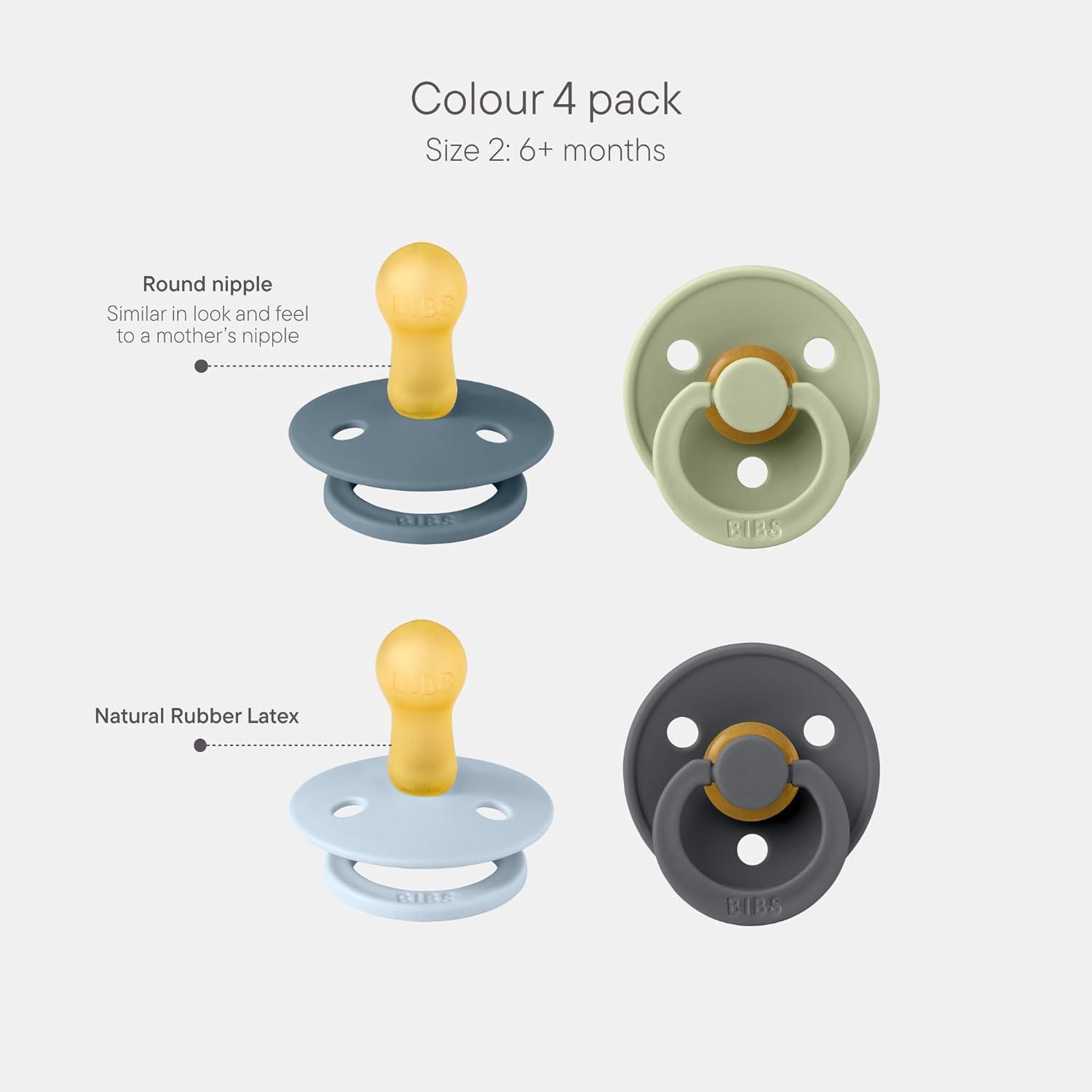 image:imageBIBS Colour Soother 4Pack BPA Free Dummy Pacifier Round Nipple Natural Rubber Latex Made in Denmark Size 06 Months Blush Glow MixBaby Blue Mix