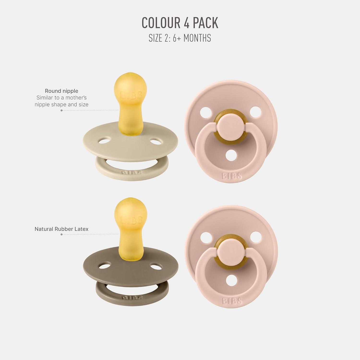 image:imageBIBS Colour Soother 4Pack BPA Free Dummy Pacifier Round Nipple Natural Rubber Latex Made in Denmark Size 06 Months Blush Glow MixBaby Blush Colors