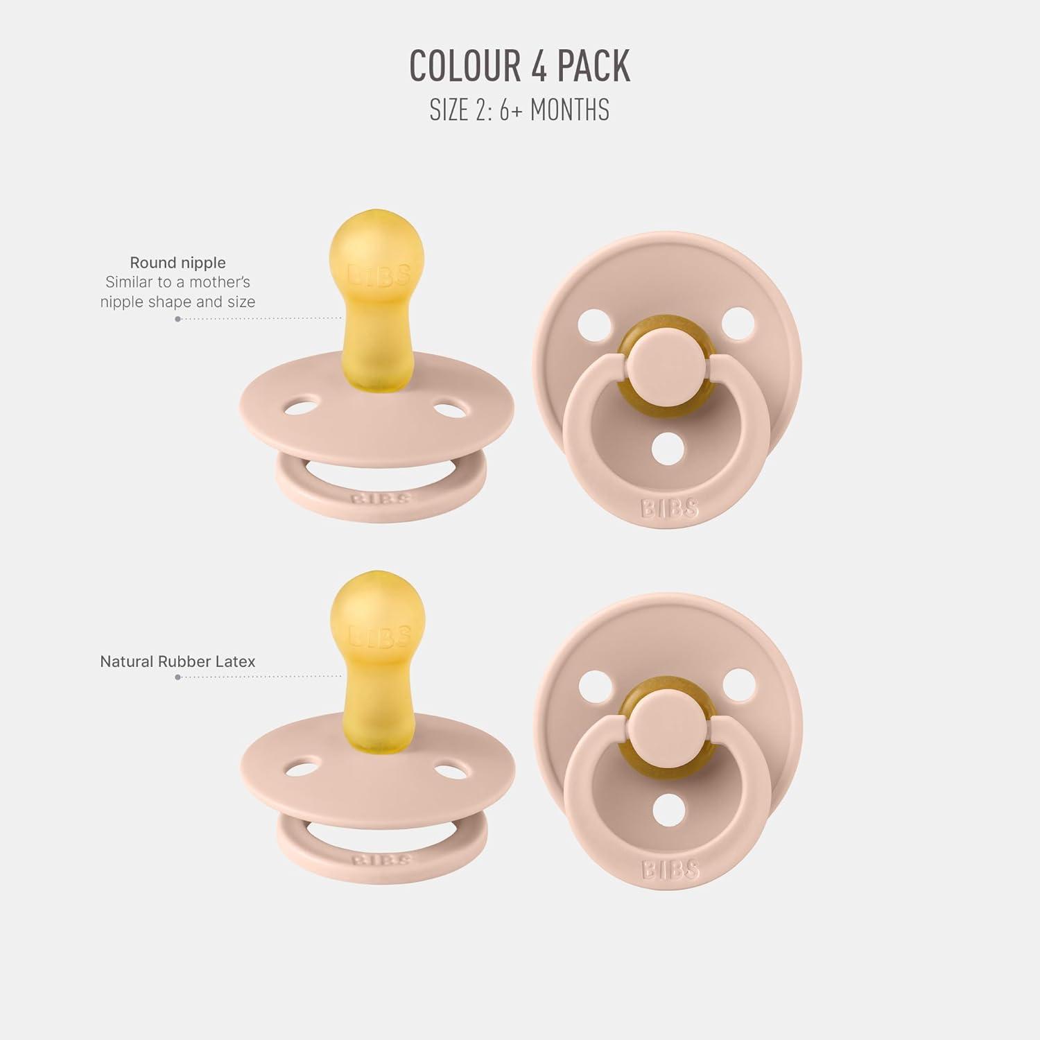image:imageBIBS Colour Soother 4Pack BPA Free Dummy Pacifier Round Nipple Natural Rubber Latex Made in Denmark Size 06 Months Blush Glow MixBlush