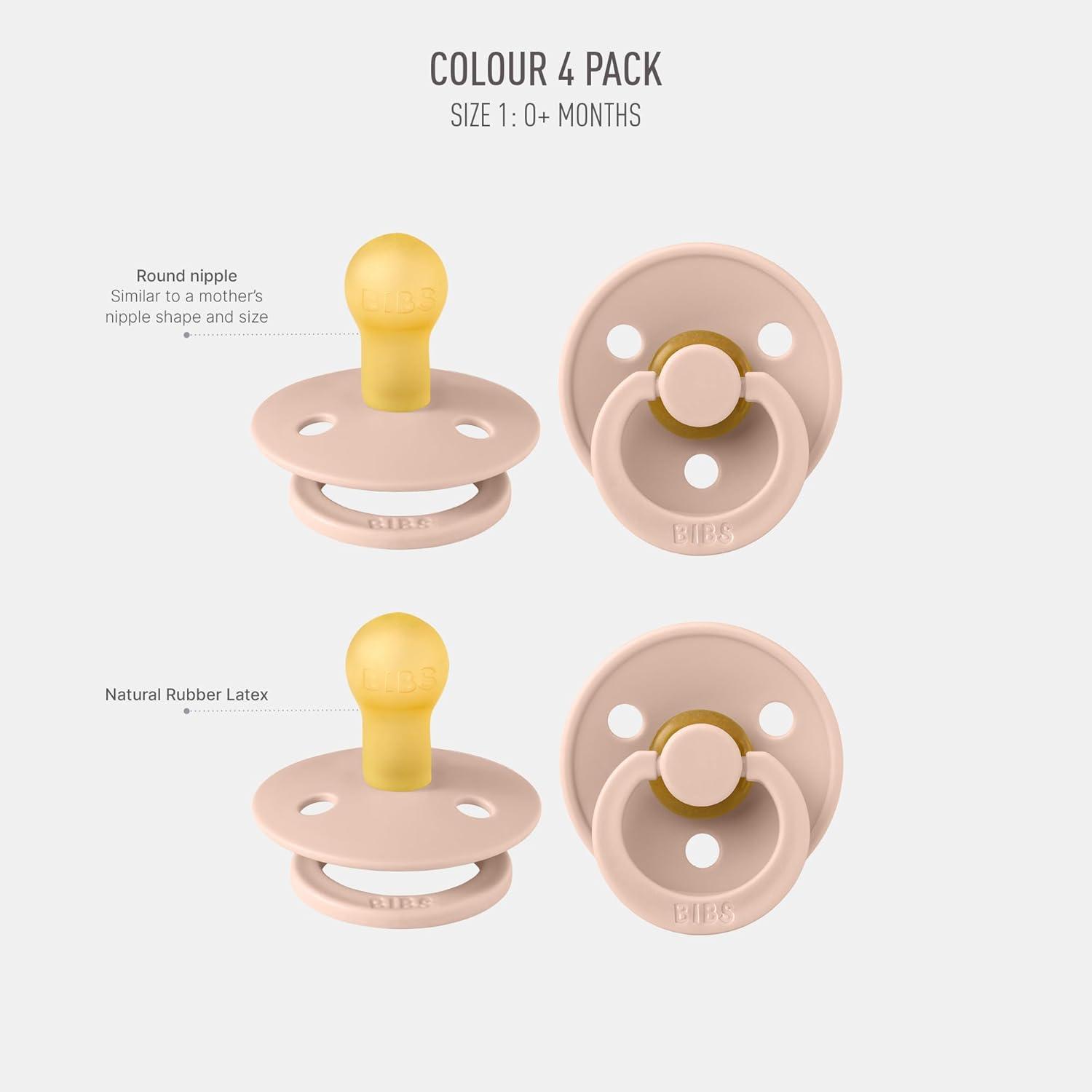 image:imageBIBS Colour Soother 4Pack BPA Free Dummy Pacifier Round Nipple Natural Rubber Latex Made in Denmark Size 06 Months Blush Glow MixBlush