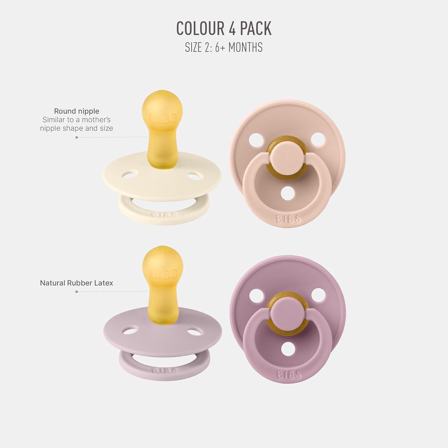 image:imageBIBS Colour Soother 4Pack BPA Free Dummy Pacifier Round Nipple Natural Rubber Latex Made in Denmark Size 06 Months Blush Glow MixGirl Colors