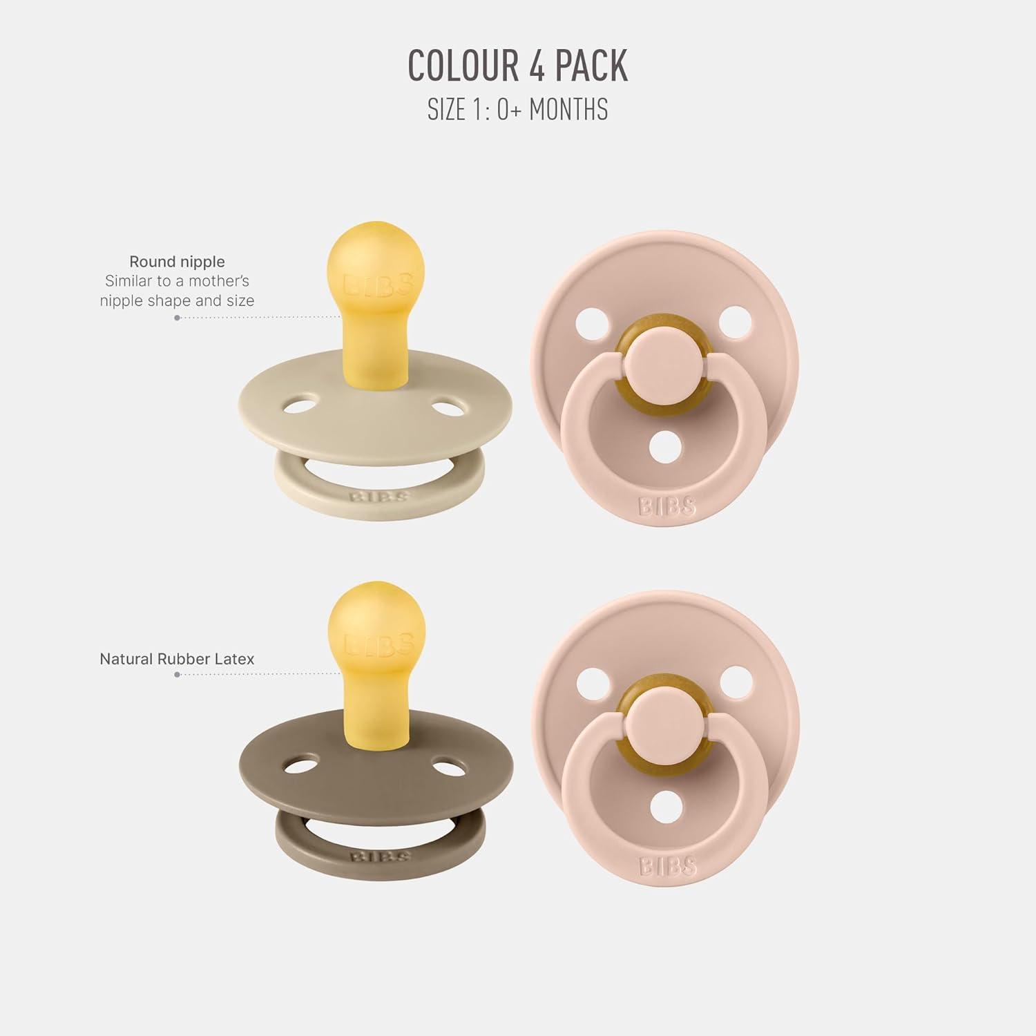 image:imageBIBS Colour Soother 4Pack BPA Free Dummy Pacifier Round Nipple Natural Rubber Latex Made in Denmark Size 06 Months Blush Glow MixPink Colors