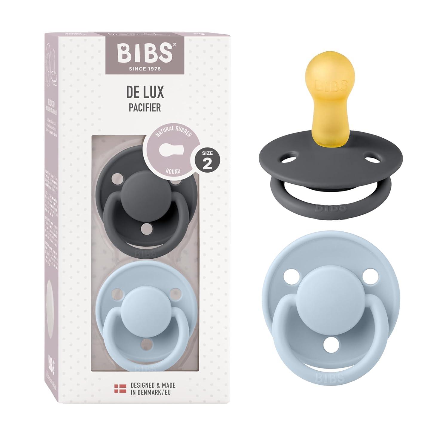 image:imageBIBS De Lux Baby Pacifier 2Pack Made in Denmark BPA Free Dummy Soother Round Nipple Natural Rubber Latex Size 1 06 Months SageHunter GreenIronBaby Blue