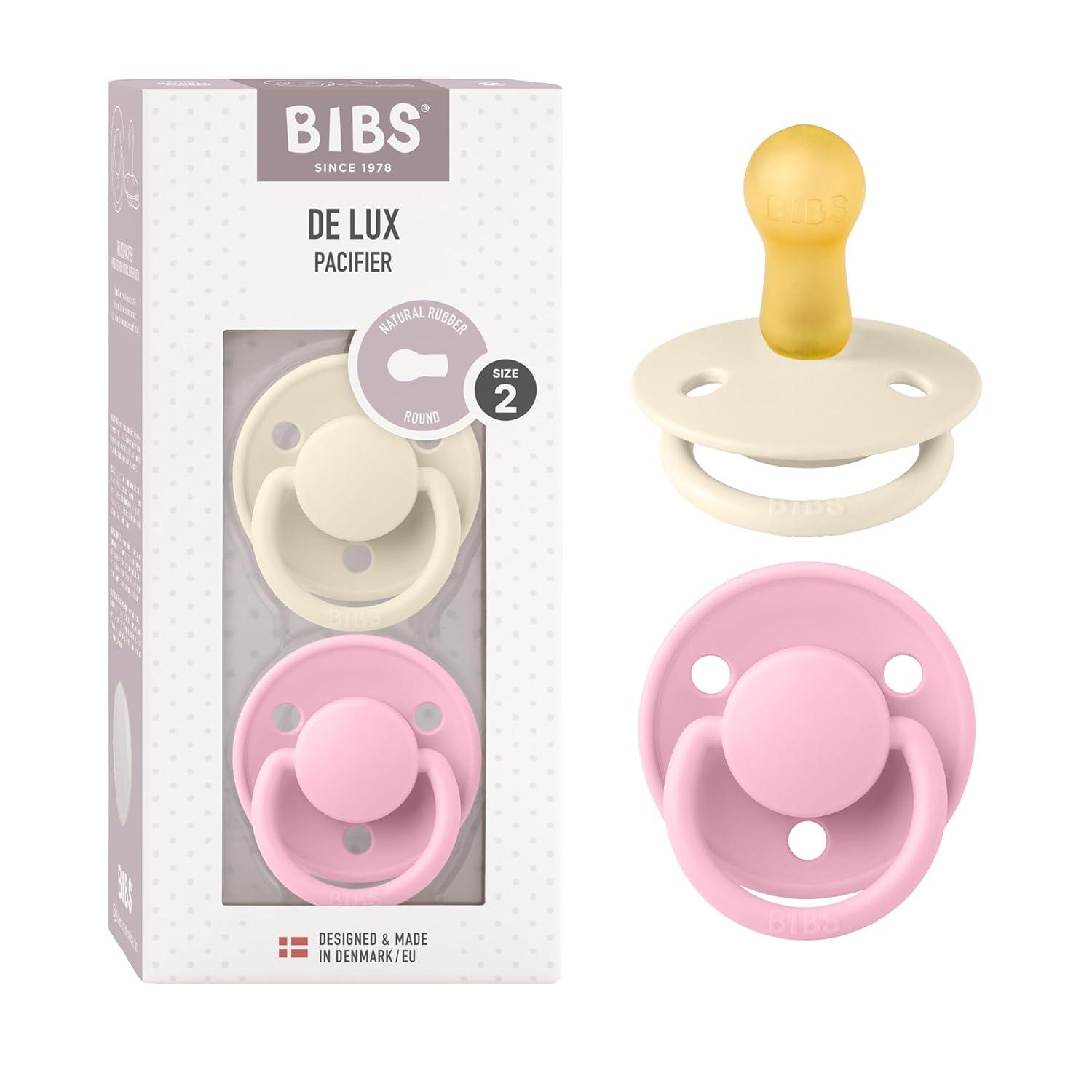 image:imageBIBS De Lux Baby Pacifier 2Pack Made in Denmark BPA Free Dummy Soother Round Nipple Natural Rubber Latex Size 1 06 Months SageHunter GreenIvory Baby Pink