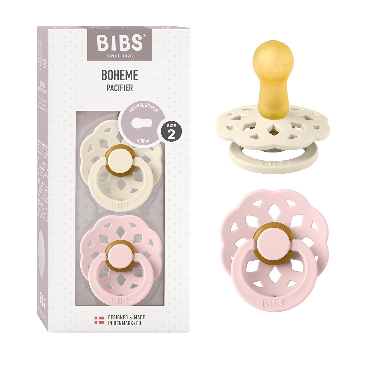 image:imageBIBS Pacifiers 06 Months Boheme Collection 2Pack BPAFree Round Nipple Nautral Rubber Latex Made in Denmark VanillaPineIvory Blossom