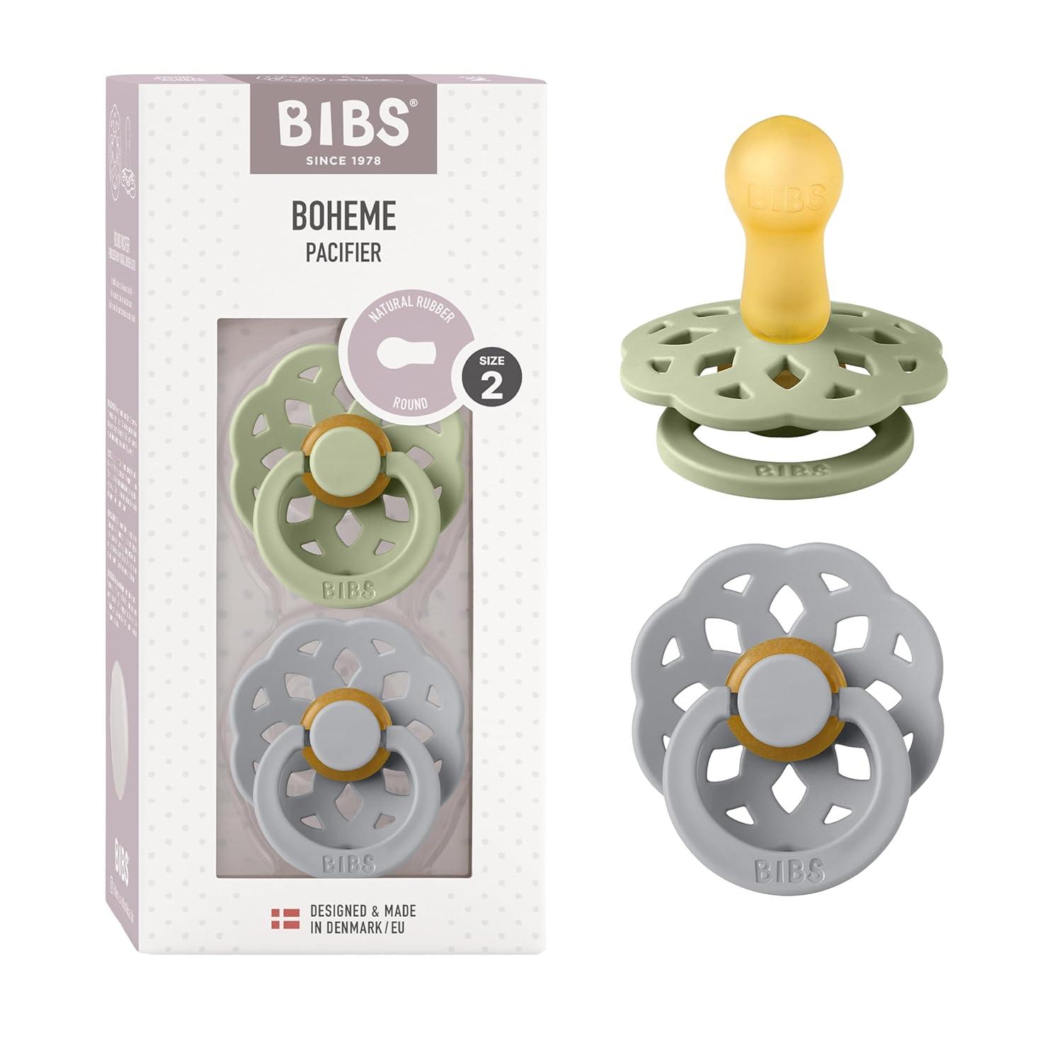 image:imageBIBS Pacifiers 06 Months Boheme Collection 2Pack BPAFree Round Nipple Nautral Rubber Latex Made in Denmark VanillaPineSage Cloud