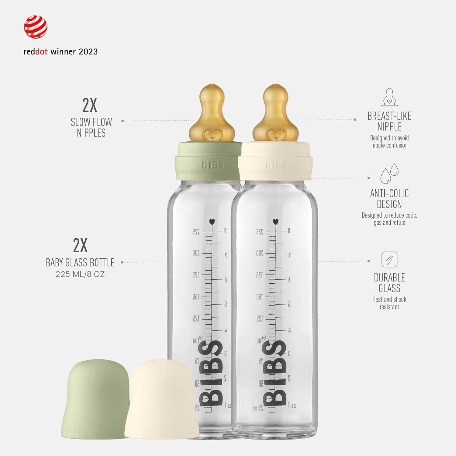 image:imageBibs Baby Glass Bottle AntiColic Borosilicate Glass Bottles Natural Vented Round Natural Rubber Latex Nipple Consistent Flow Rate 76 oz225 ml 2 Pack IvorySage