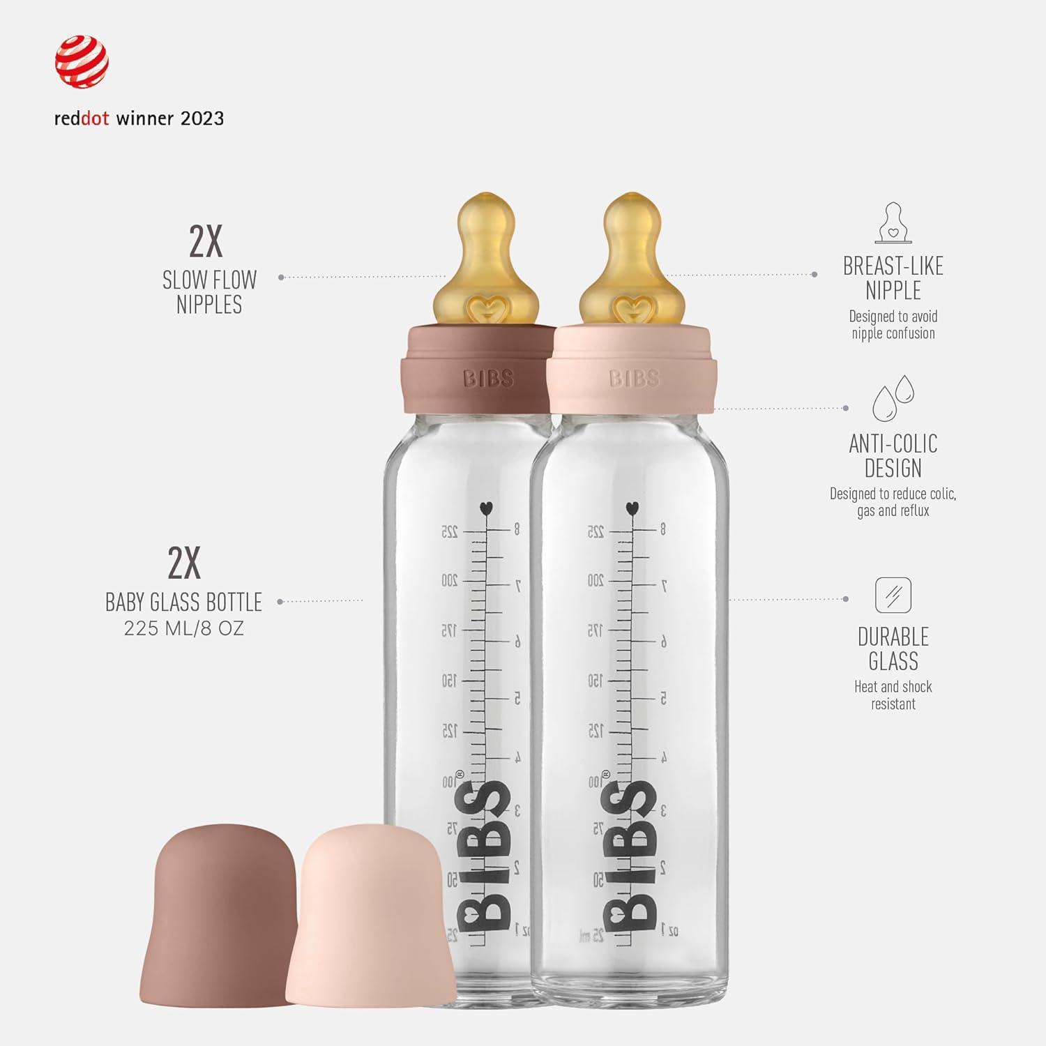 image:imageBibs Baby Glass Bottle AntiColic Borosilicate Glass Bottles Natural Vented Round Natural Rubber Latex Nipple Consistent Flow Rate 76 oz225 ml 2 Pack BlushWoodchuck