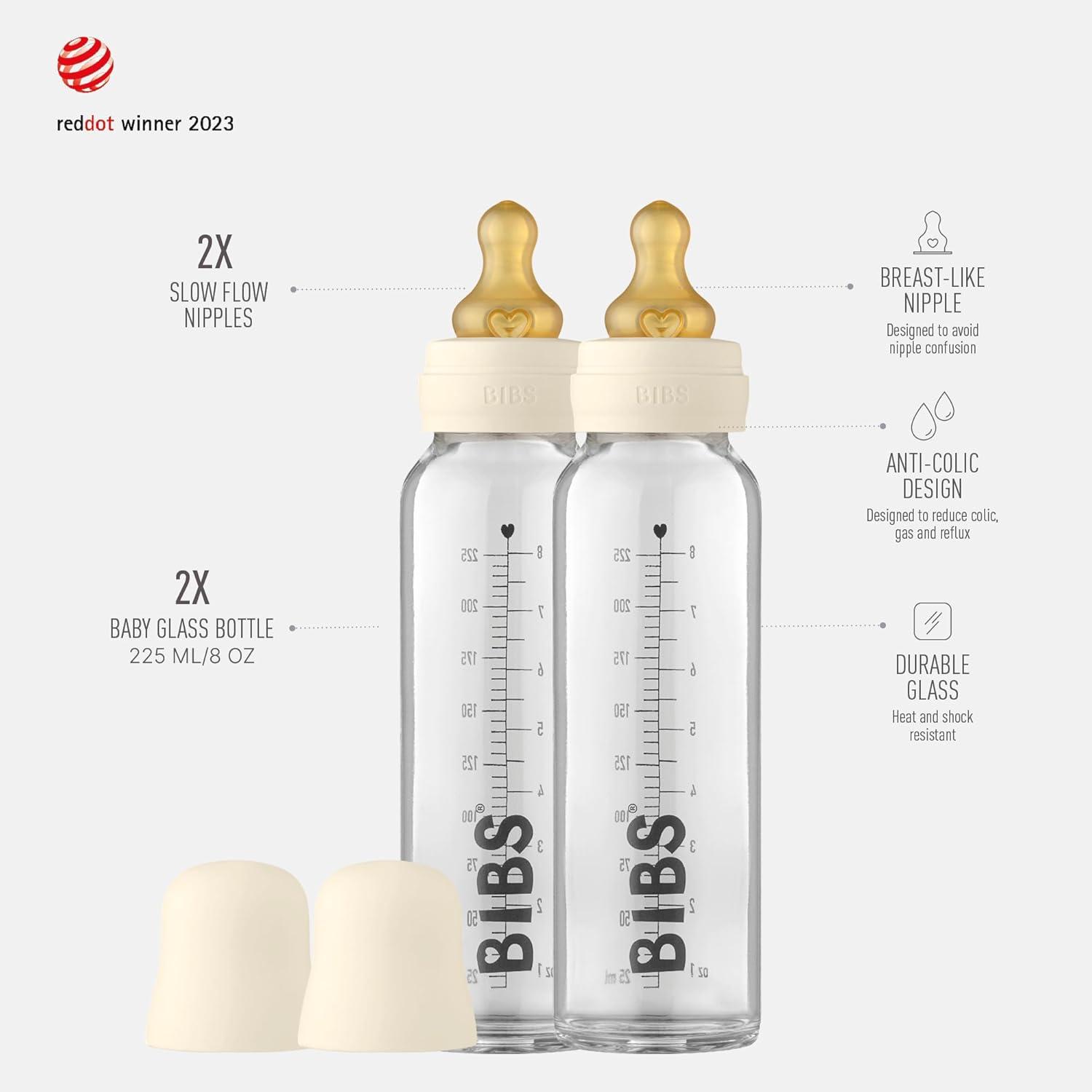 image:imageBibs Baby Glass Bottle Newborn AntiColic Baby Bottles Borosilicate Glass with a Natural Vented Round Natural Rubber Latex Nipple Consistent Flow Rate 76 oz225 ml 2 Pack Ivory
