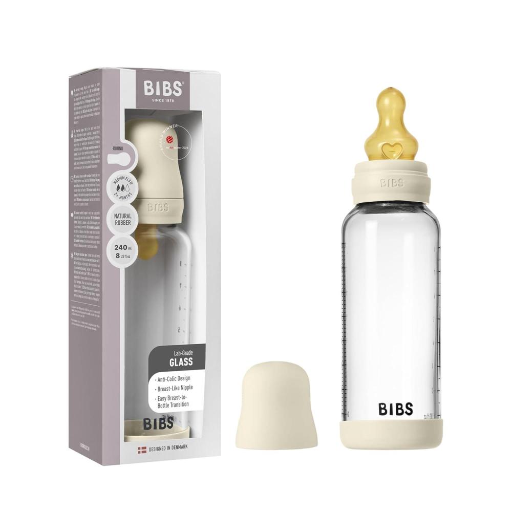 image:imageBIBS Baby Glass Bottle 240ml AntiColic Vented Round Natural Rubber Latex Nipple Supports Natural Breastfeeding Medium Flow Complete Set 240 ml Ivory