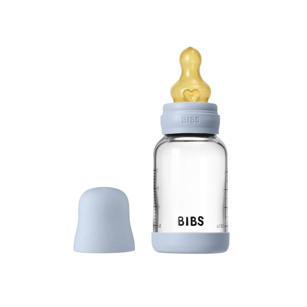 image:imageBIBS Baby Glass Bottle 4 US fl oz 120 ml AntiColic Vented Round Natural Rubber Latex Nipple Supports Natural Breastfeeding Slow Flow Complete Set Baby Blue