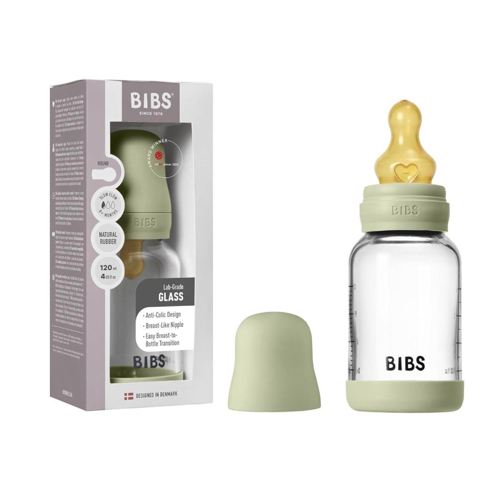 image:imageBIBS Baby Glass Bottle 4 US fl oz 120 ml AntiColic Vented Round Natural Rubber Latex Nipple Supports Natural Breastfeeding Slow Flow Complete Set Sage