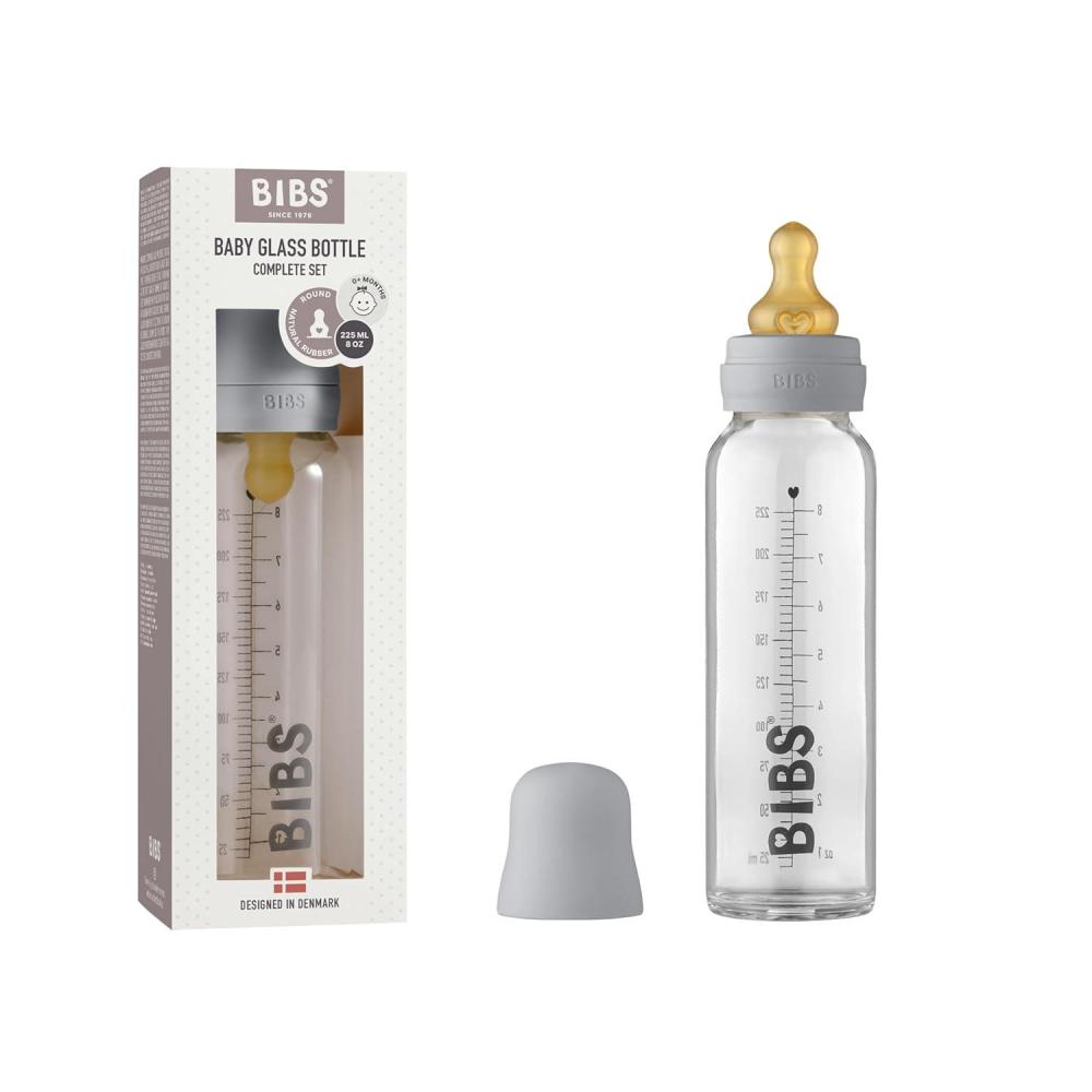 image:imageBIBS Baby Glass Bottle AntiColic Round Natural Rubber Latex Nipple Supports Natural Breastfeeding Complete Set 225 ml Cloud