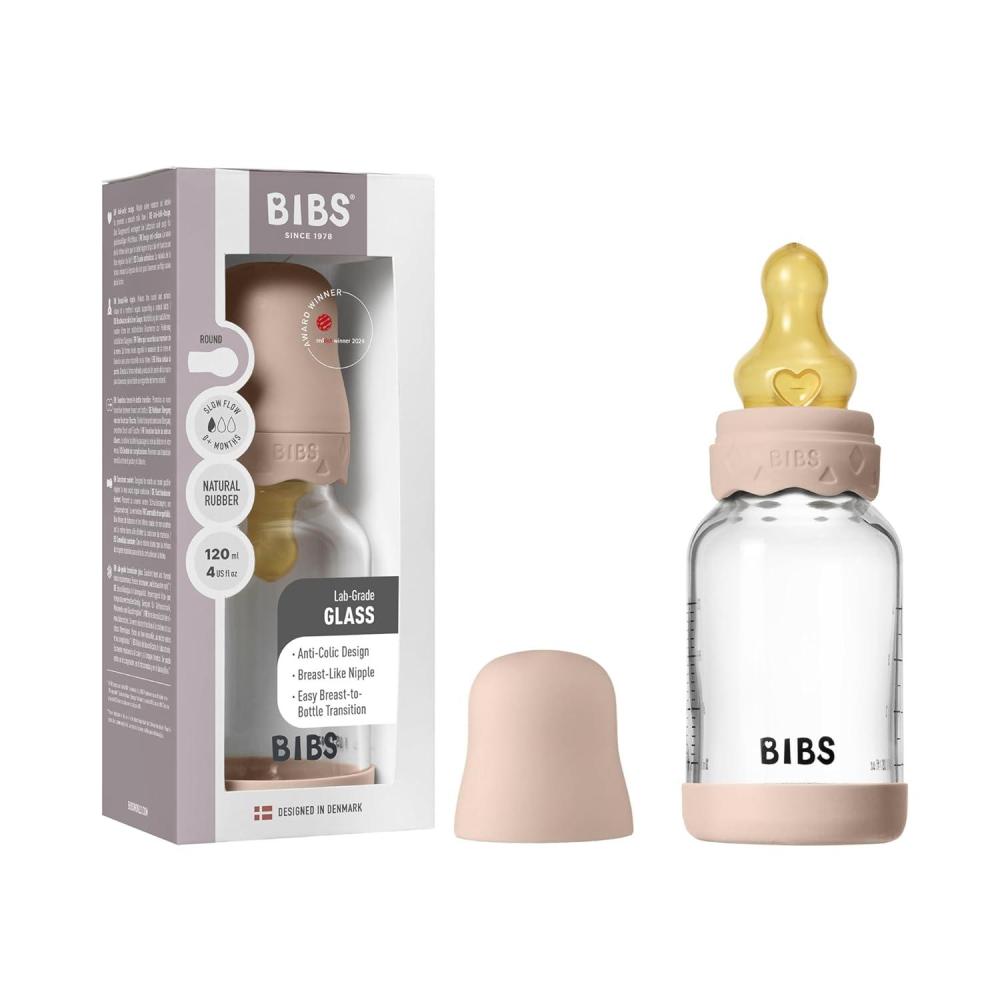 image:imageBIBS Boheme Baby Glass Bottle 4 oz 120 ml AntiColic Round Natural Rubber Latex Nipple Supports Natural Breastfeeding Blush