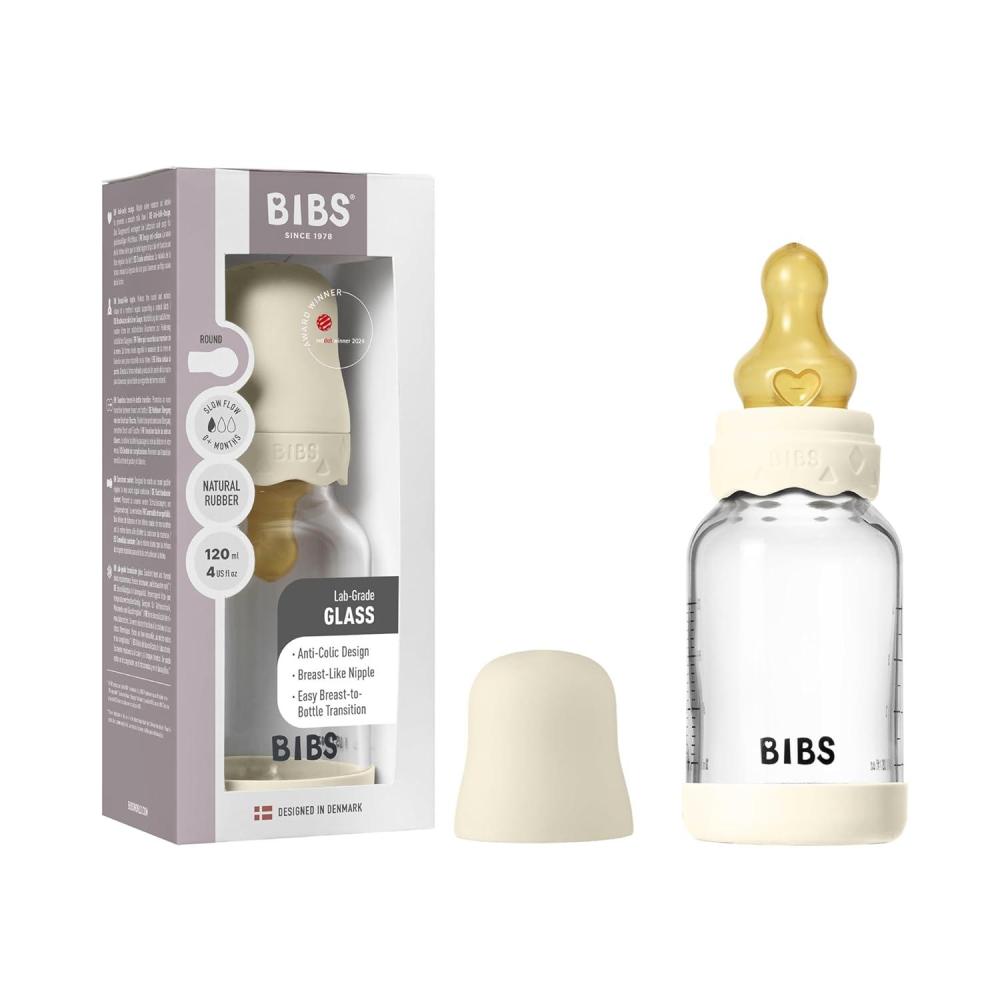 image:imageBIBS Boheme Baby Glass Bottle 4 oz 120 ml AntiColic Round Natural Rubber Latex Nipple Supports Natural Breastfeeding IvoryIvory