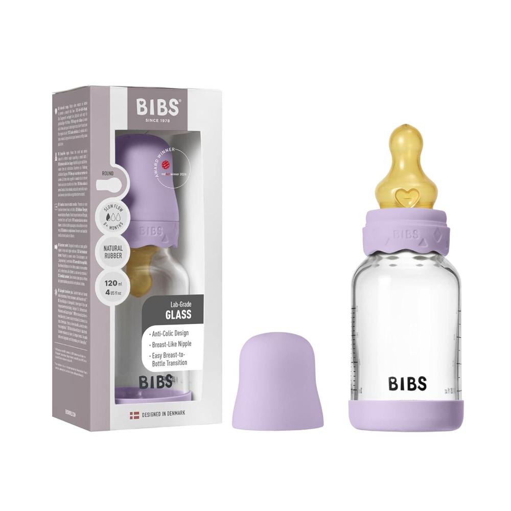 image:imageBIBS Boheme Baby Glass Bottle 4 oz 120 ml AntiColic Round Natural Rubber Latex Nipple Supports Natural Breastfeeding IvoryViolet Sky