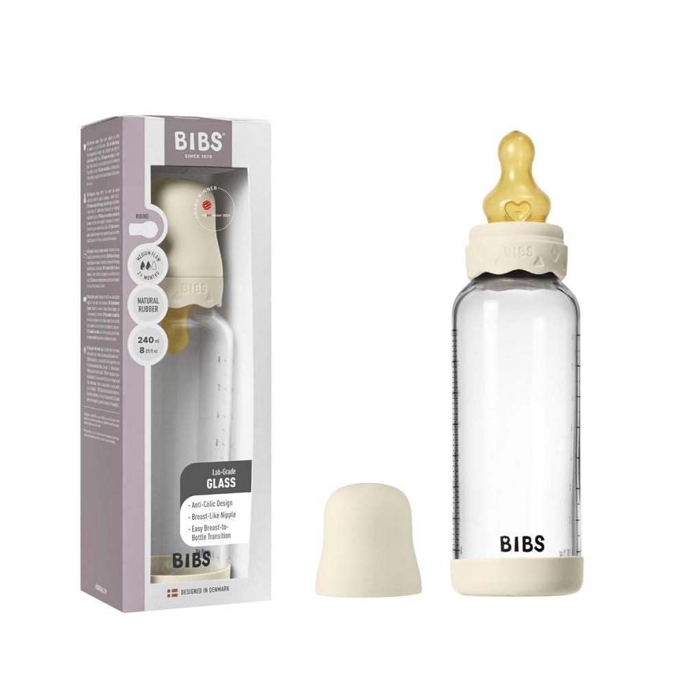 image:imageBIBS Boheme Baby Glass Bottle 8 oz 240 ml AntiColic Round Natural Rubber Latex Nipple Supports Natural Breastfeeding Ivory