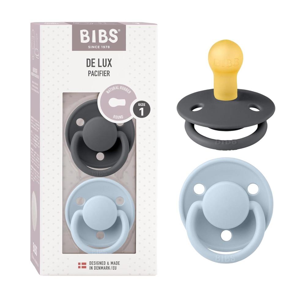 image:imageBIBS De Lux Baby Pacifier 2Pack Made in Denmark BPA Free Dummy Soother Round Nipple Natural Rubber Latex Size 1 06 Months SageHunter GreenIronBaby Blue