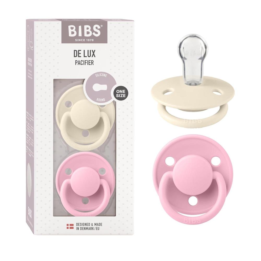 image:imageBIBS Pacifiers De Lux Collection BPAFree Baby Pacifier Made in Denmark Set of 2 MustardPetrol Color Premium Soothers Size One SizeIvoryBaby Pink