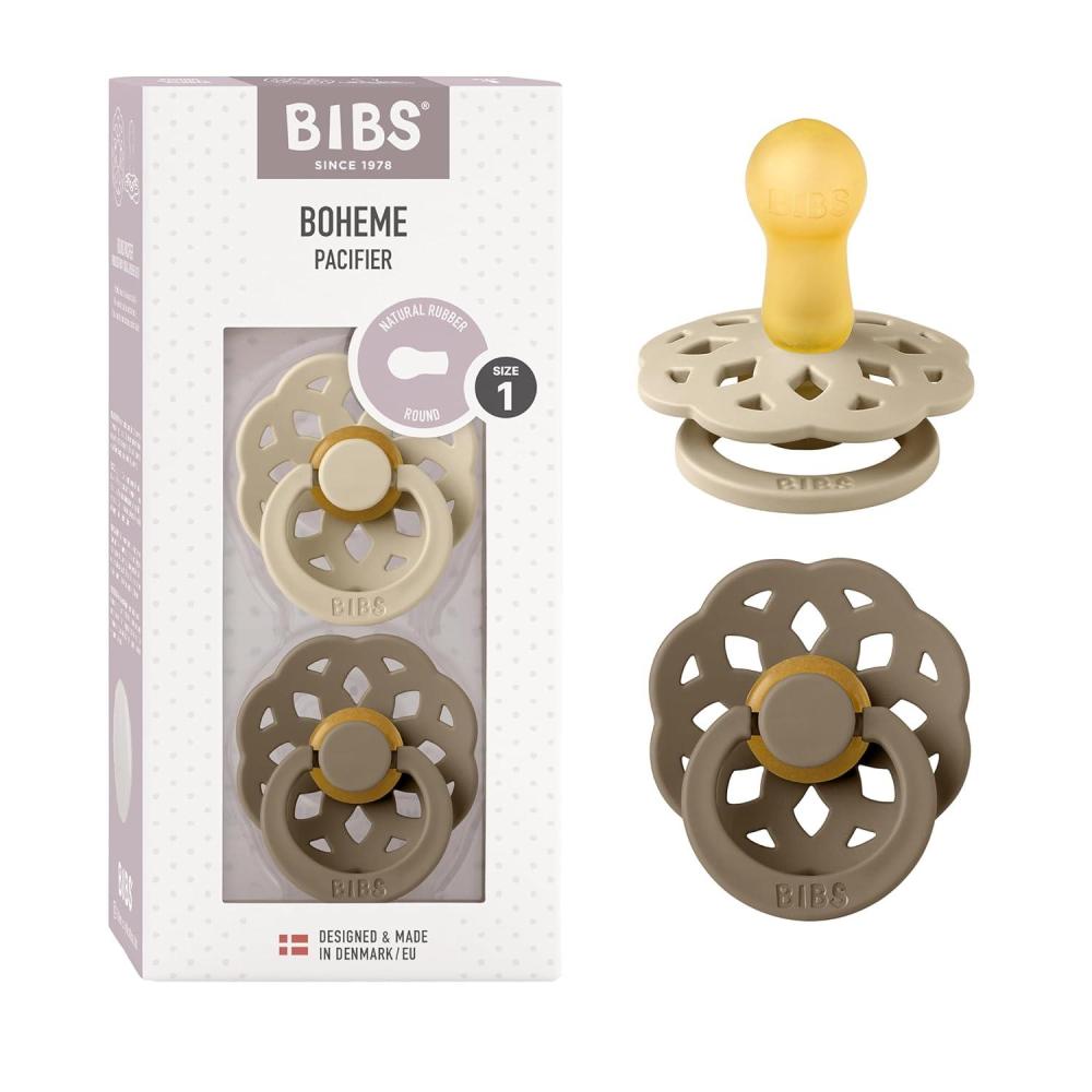 image:imageBIBS Pacifiers 06 Months Boheme Collection 2Pack BPAFree Round Nipple Nautral Rubber Latex Made in Denmark VanillaPineVanilla Dark Oak